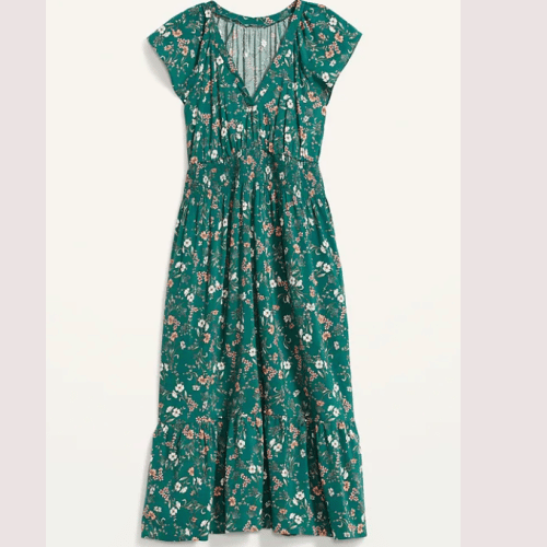 Green Flower Flutter Sleeve Dress