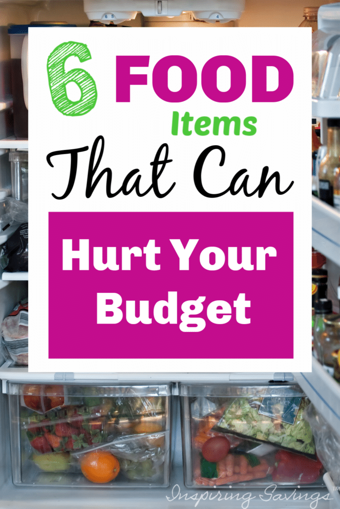 6 food items that can hurt your budget text overlayer - pictured open fridge with food