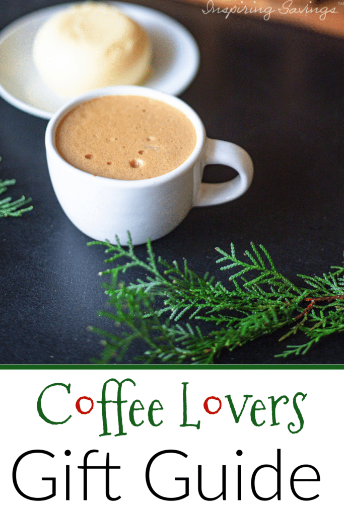 Pictured coffee in white mug on table with text overlay "Coffee Lovers Gift Guide Ideas"