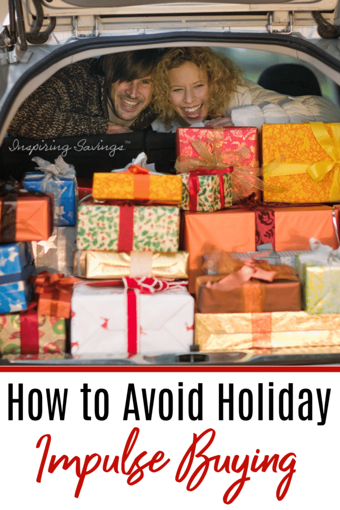 How to avoid Holiday Impulse Buying- Couple in back of car filled with wrapped presents