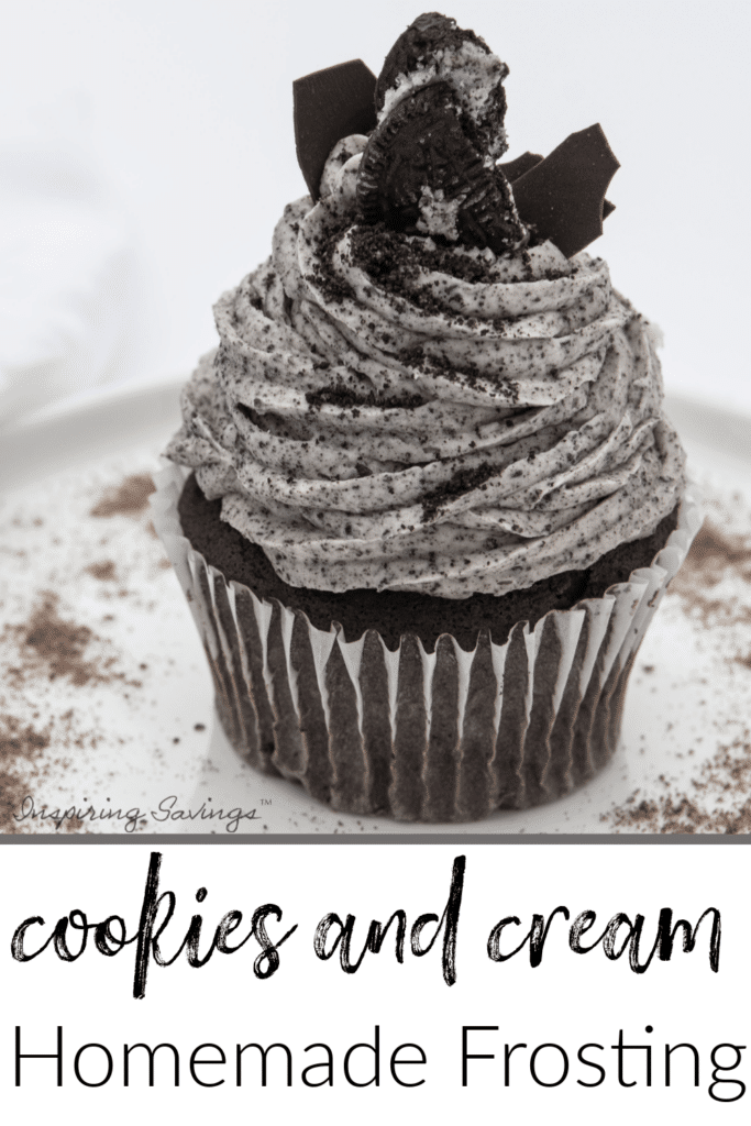 Cookies and cream Homemade Frosting pictured on chocolate cupcake with extra crushed cookies