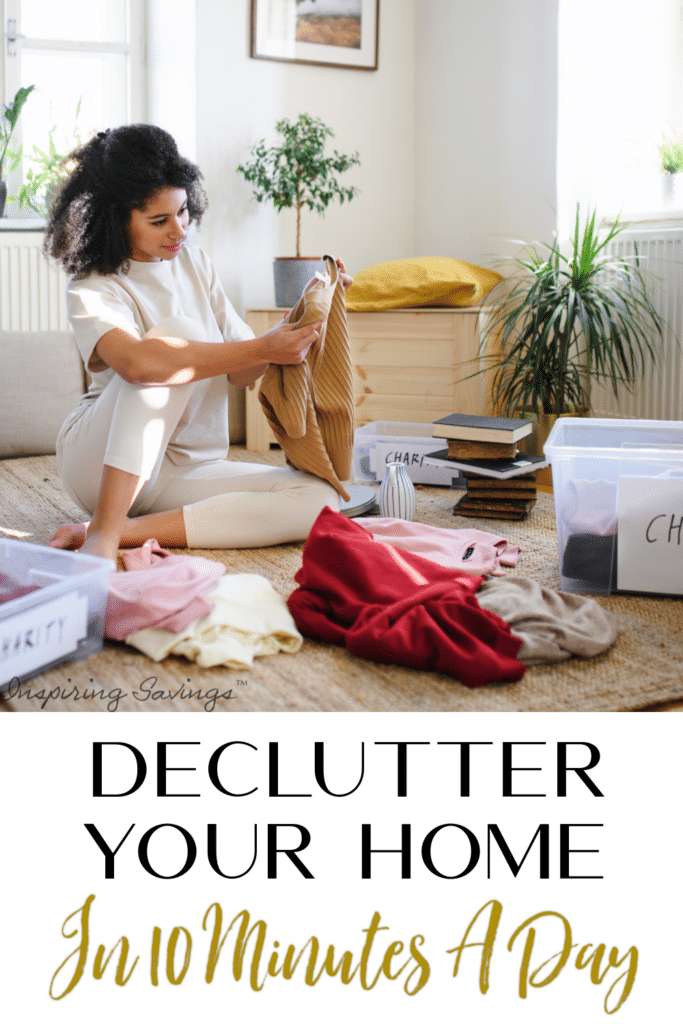 Declutter your home in 10 minutes per day - pictured woman on floor organizing things into labeled bins