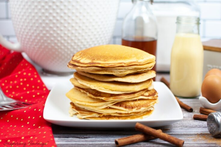 Eggnog Pancakes on white plate