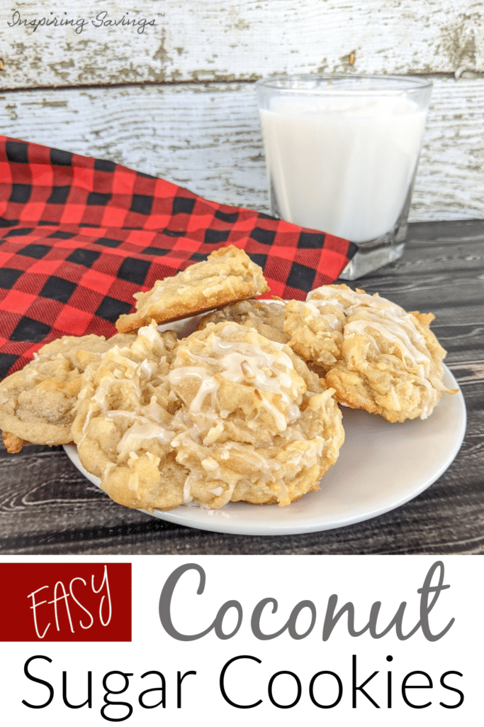 Coconut Sugar Cookies on  white plate with red and black checkered napkin