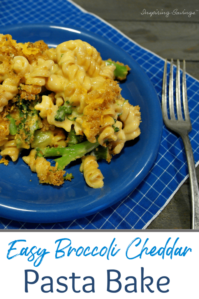 Easy Broccoli Cheddar Bake on blue plate with fork