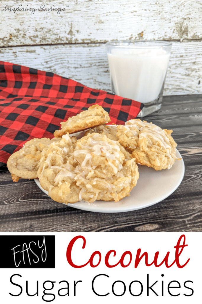 Easy Coconut Sugar Cookies text over lay - pictured of stacked cookies on white plate