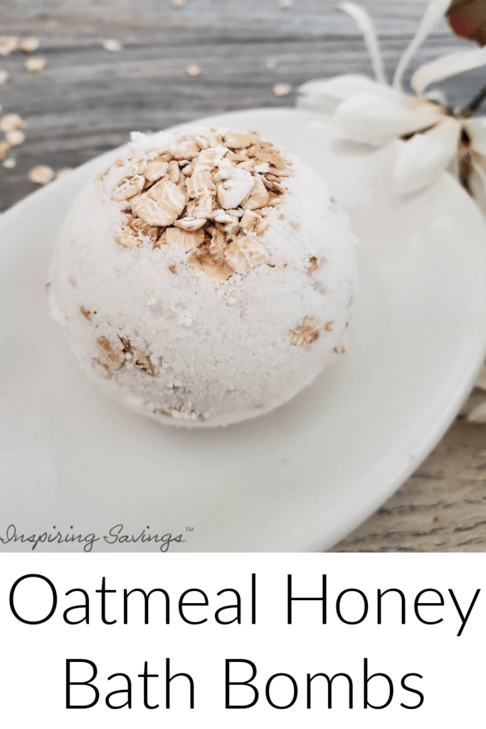 Oatmeal Honey Bath Bombs on white plate on wooden background