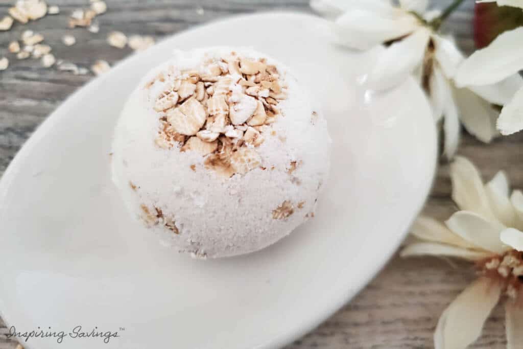 Soothing Oatmeal Bath Bombs on white small plate