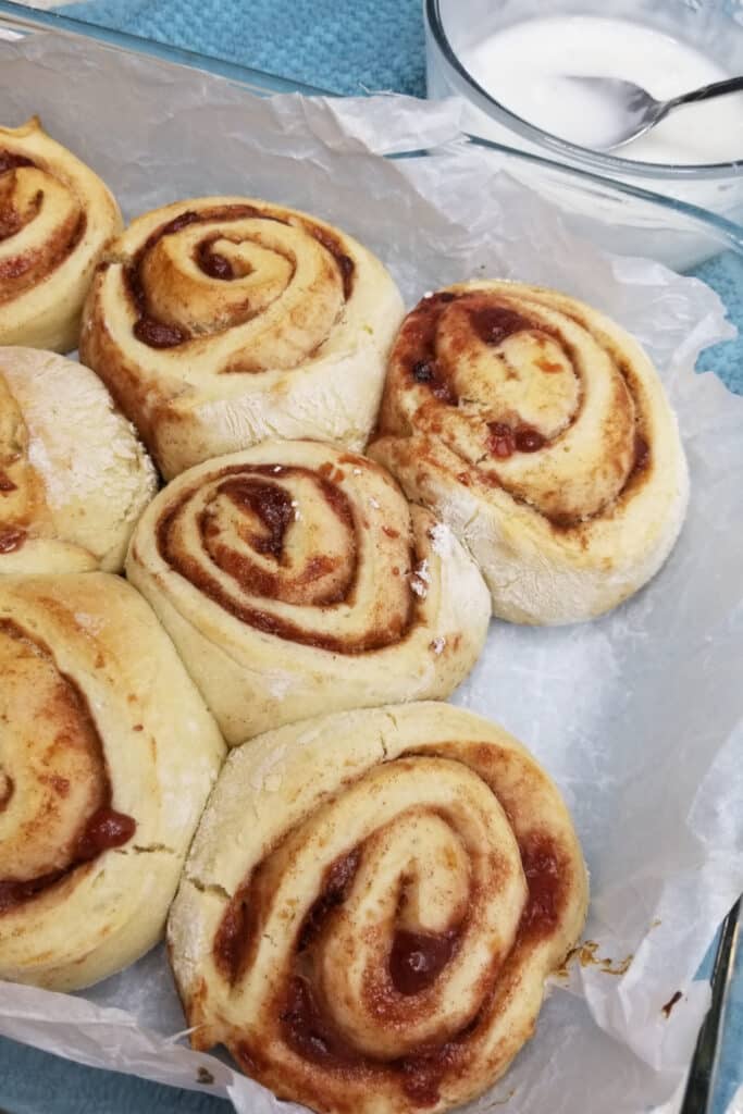 Baked cherry Cinnamon rolls in casserole dish