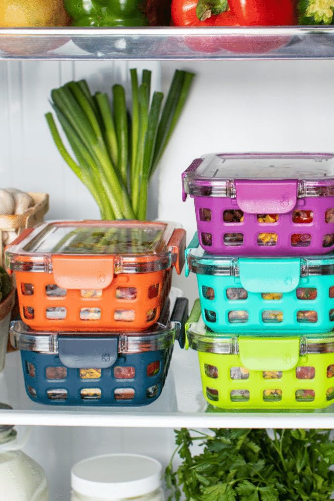 Food containers neatly organized in refrigerator