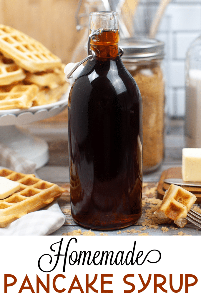 DIY Homemade Pancake Syrup in flip top container with waffles