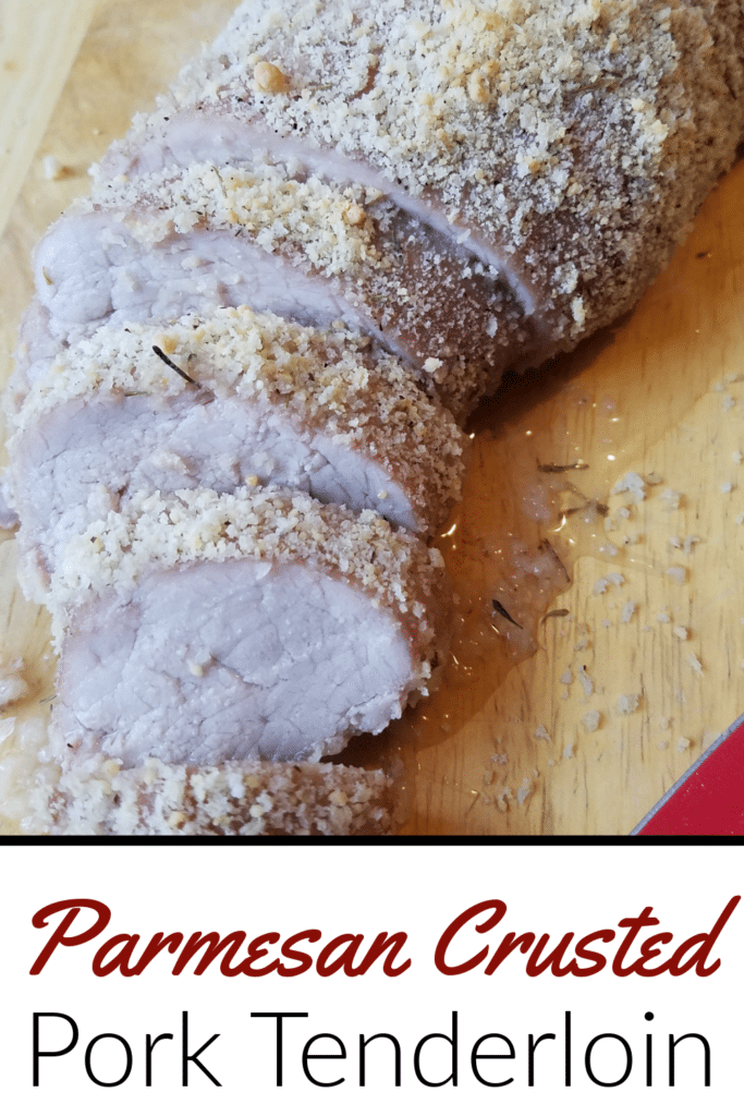 Parmesan Crusted Pork Tenderloin recipe - pictured sliced pork tenderloin on cutting board