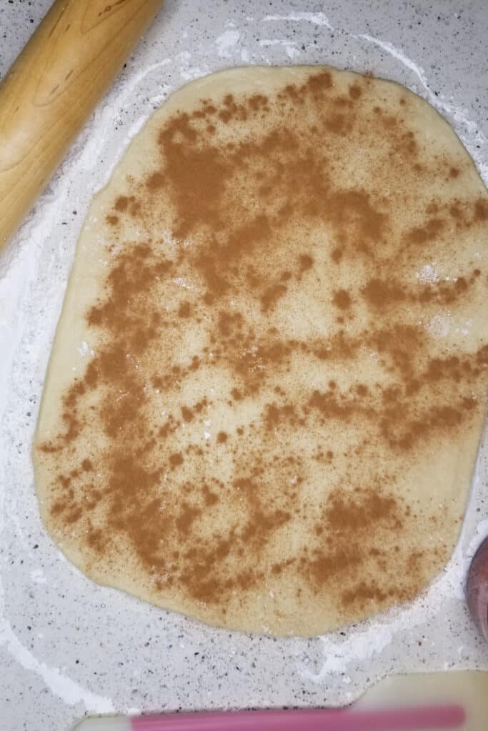 Square dough with cinnamon sprinkled on it