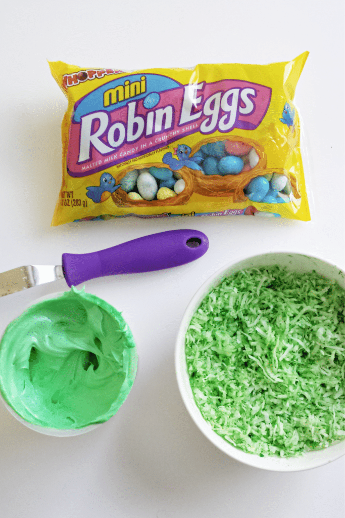 Adding food coloring to coconut shreds