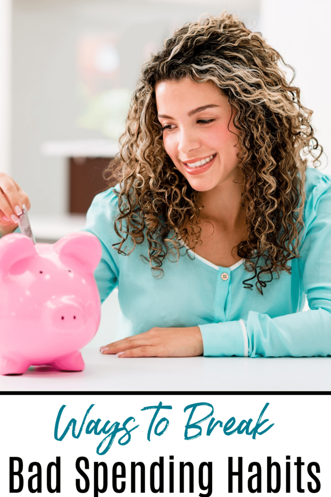 Ways to Break Bad Spending Habits - pictured a woman putting money in a pink piggy bank