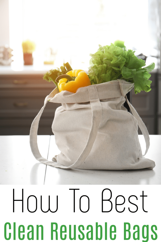 cleaning reusable bags - pictured groceries in a cloth reusable grocery bag