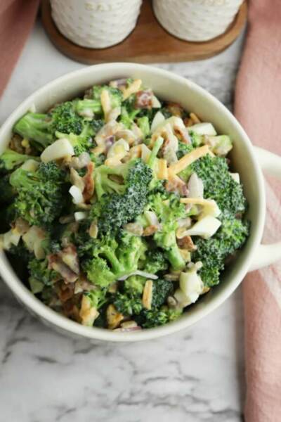 cropped broccoli salad ready to serve