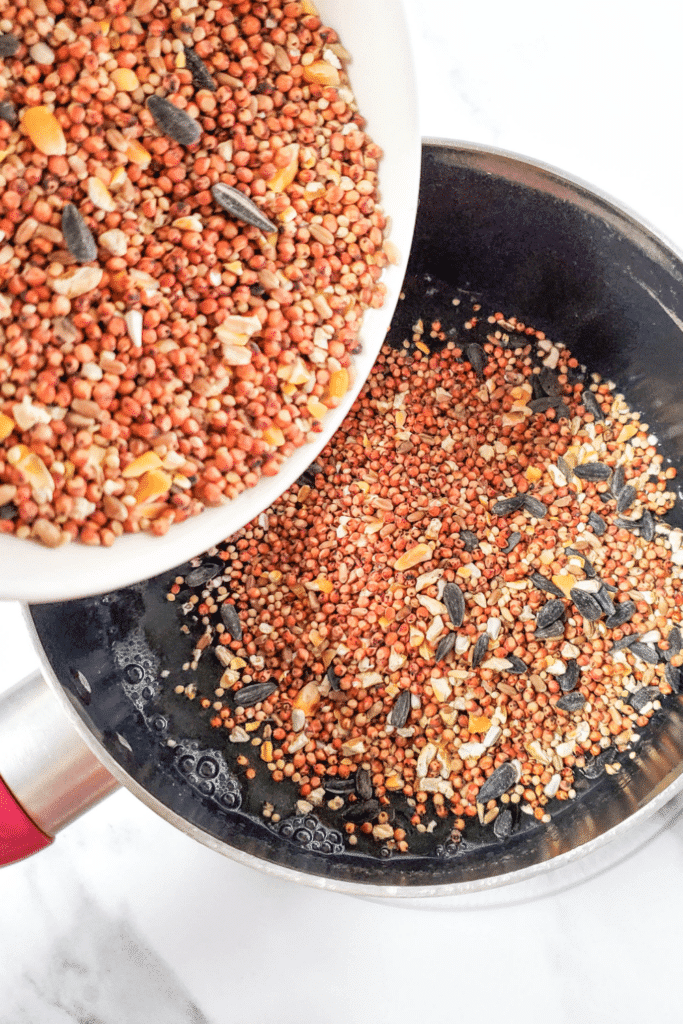 Adding birdseed to liquid mixture in medium sauce pan