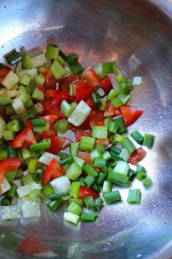 Chopped veggies in a bowl for chicken bacon ranch