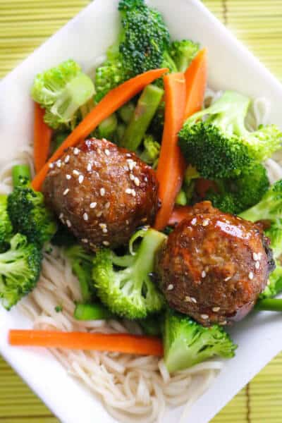 Cooked ginger pork meatballs with brocolli