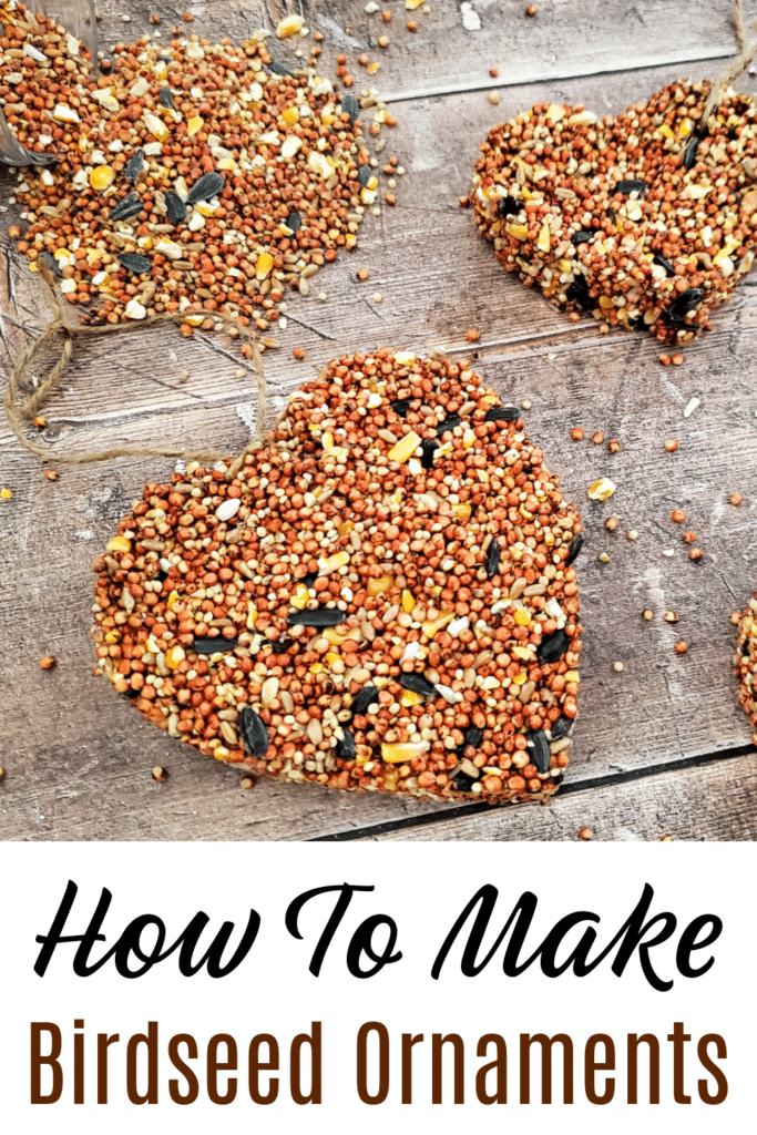 How to make birdseed ornaments at home - pictured 3 heart-shaped birdseed feeder ornaments