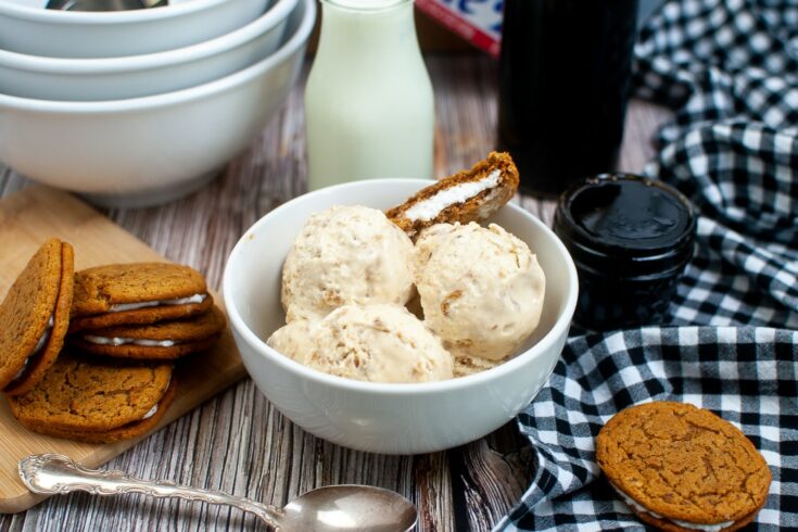 Oatmeal Creme Pie Ice Cream in white bowl