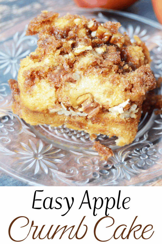 Easy Apple Crumb Cake - pictured apple crumb cake on fancy clear dish