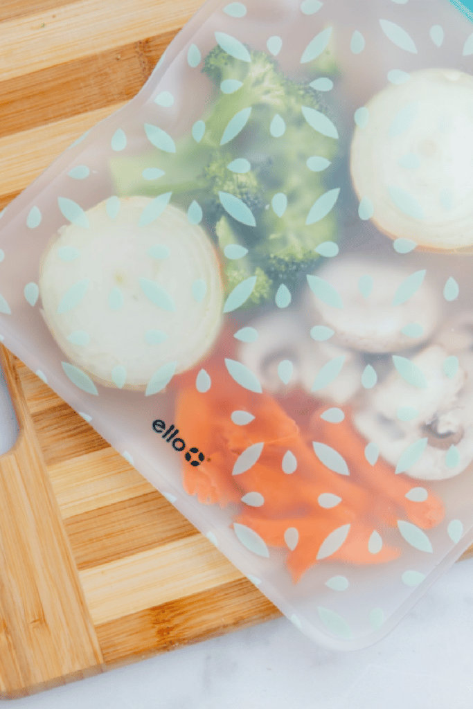 chopped vegetables in reusable quart size bag