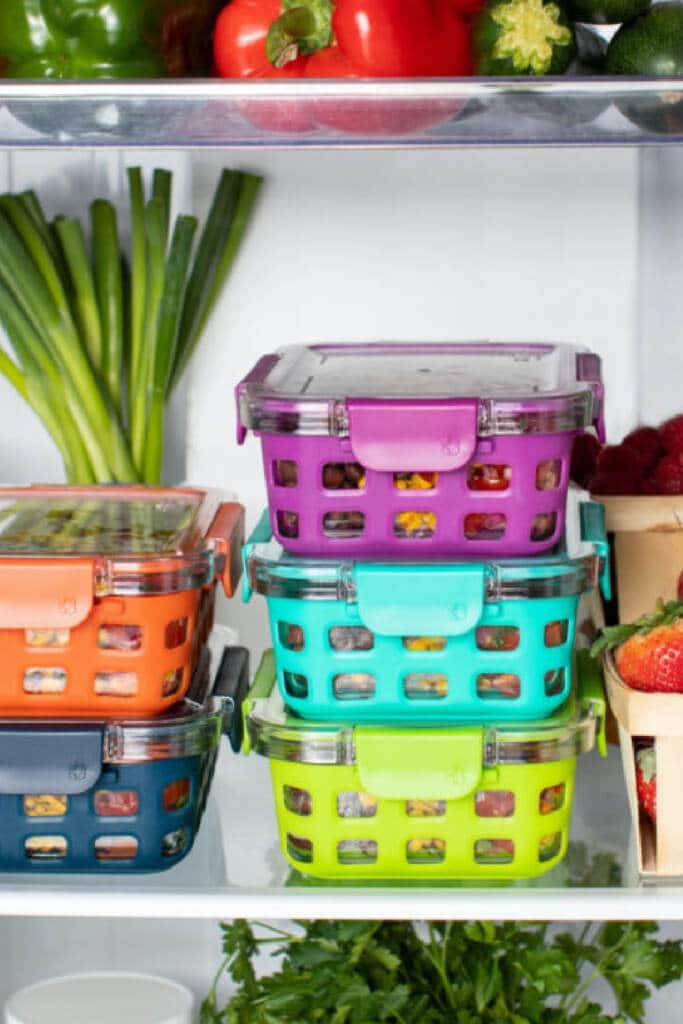in the fridge - pictured prepared food in containers stacked