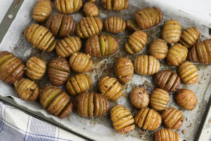 baked mini garlic buttered hasselback potatoes