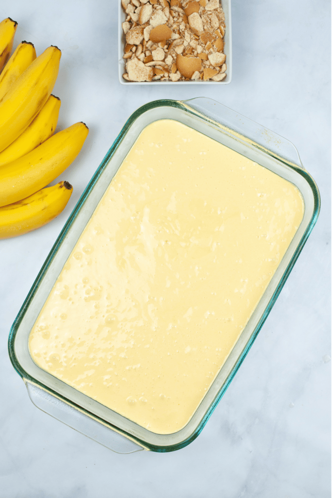 cake batter in glass pan