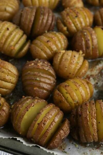 cropped Baked mini garlic hasselback potatoes
