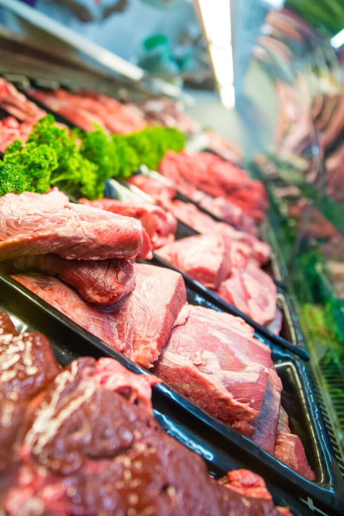 meat case at the grocery store - showing a variety of different beef cuts