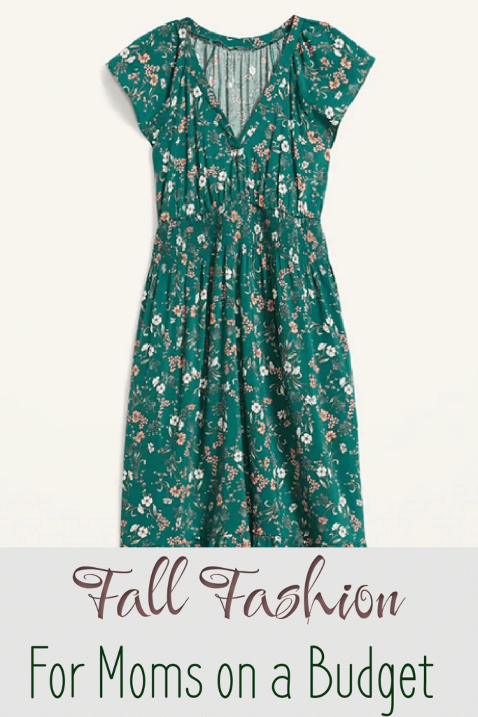 Green summer dress with short sleeves with text overlay - fall fashion for moms on a budget
