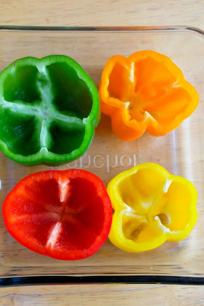 cut peppers in glass baking dish