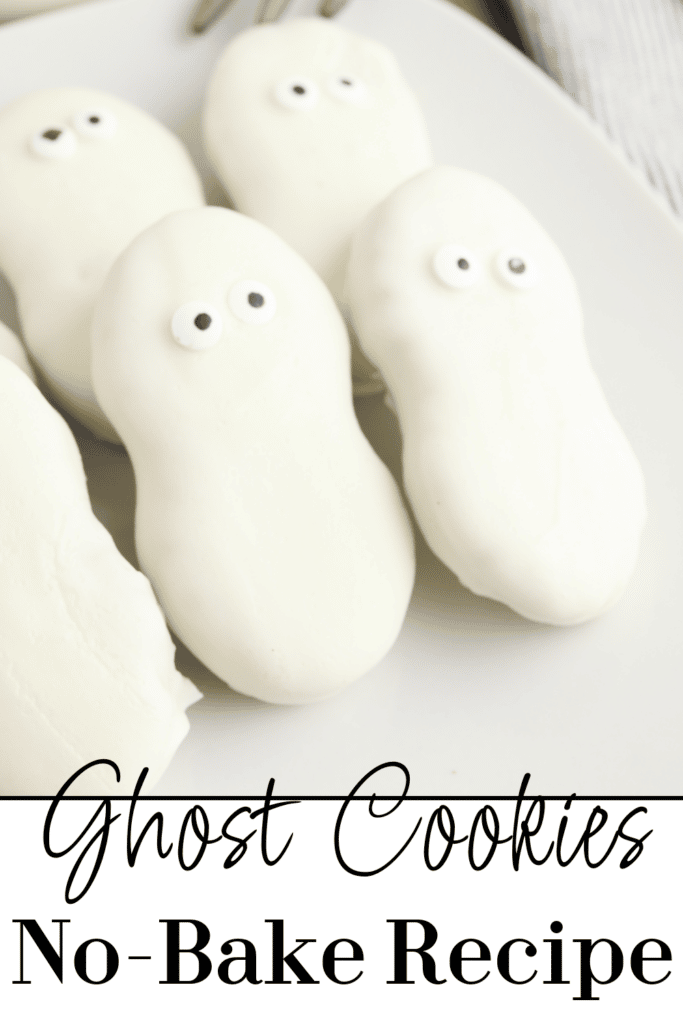 Ghost cookies no bake recipe - close up up cookies on white plate