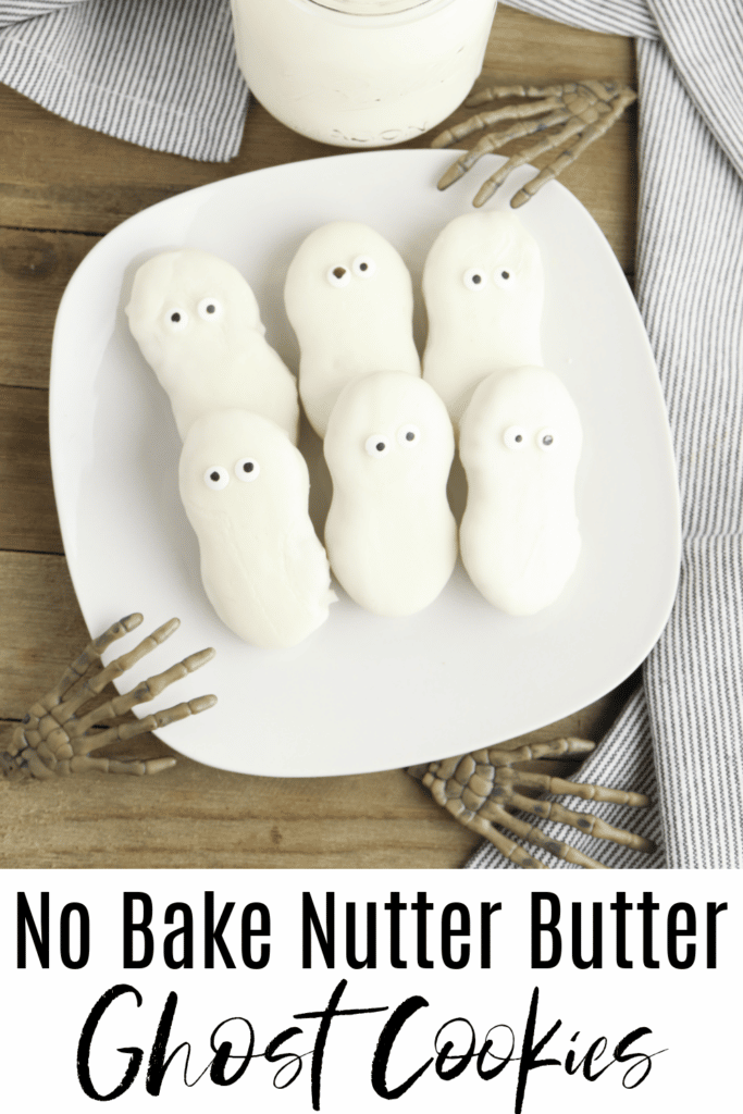 No Bake Nutter butter Ghost Cookies on white plate with Skelton hand