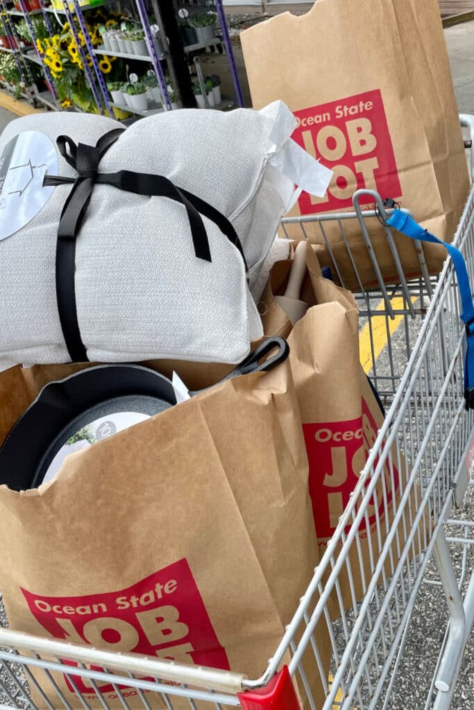 shopping at ocean state job lot - cart full of spring essentials - pots and pants, pillows