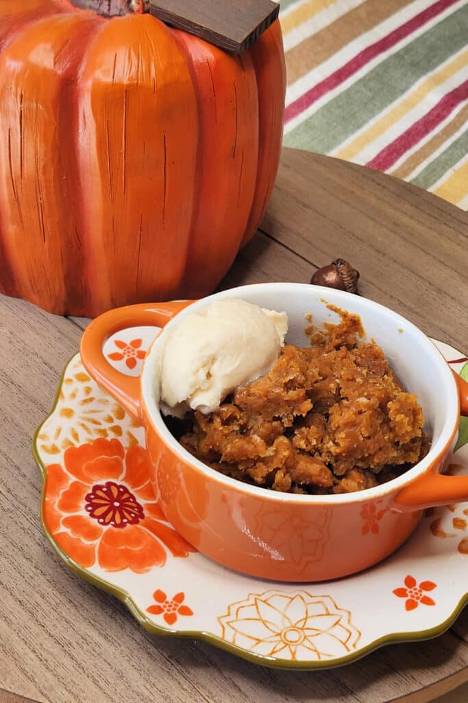 Bread pudding on orange crock