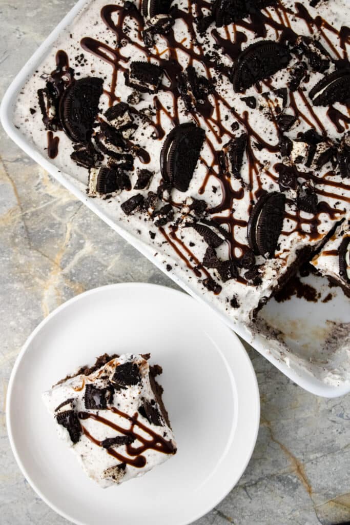 Oreo Poke cake in baking dish