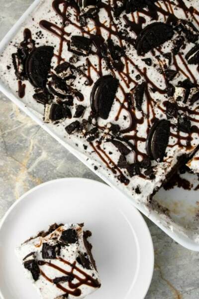 cropped Oreo Poke cake in baking dish