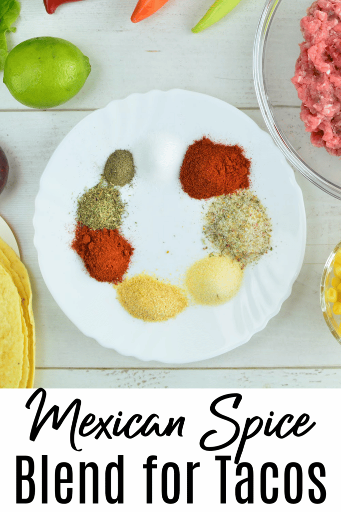 mexican spice blend for tacos on white plate with text overlay - Mexican Spice blend for Tacos