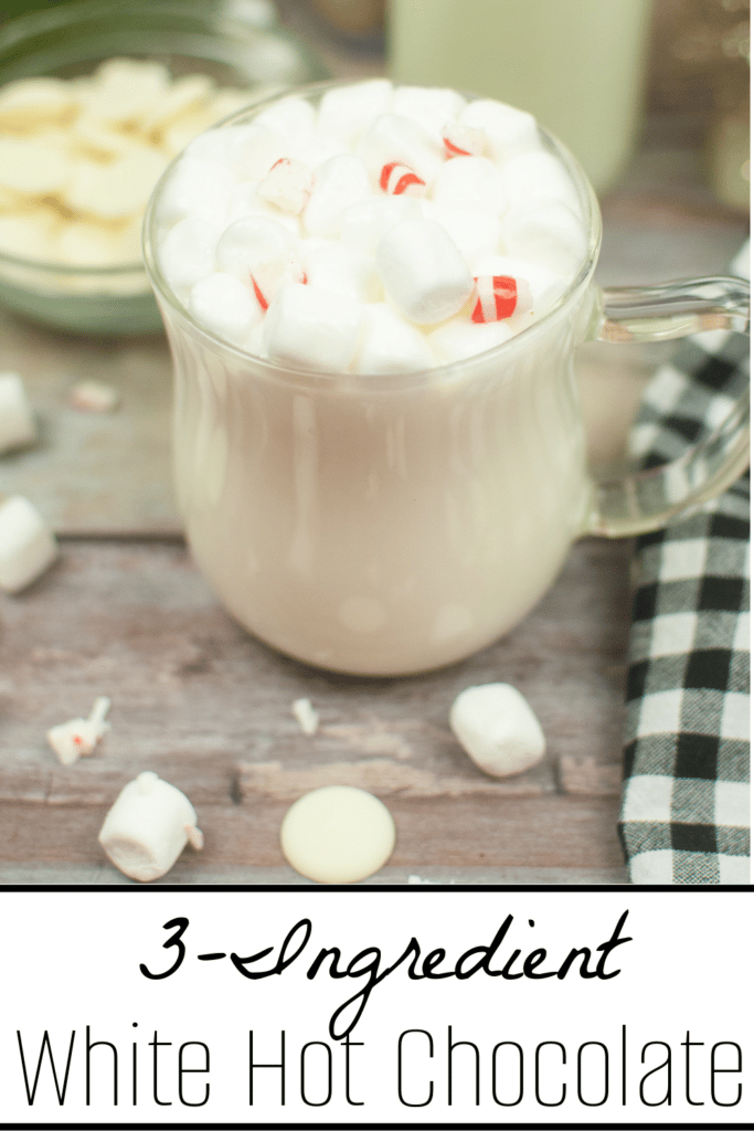 Homemade White Hot Chocolate with ingredient. Pictured white hot chocolate in clear mug