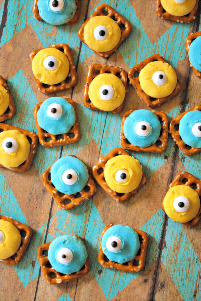 Minions pretzel snacks on teal background