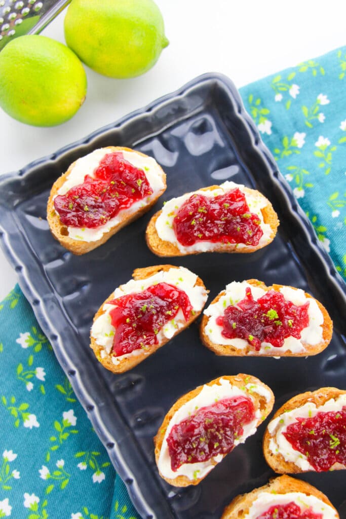 french bread crostini on tray for serving