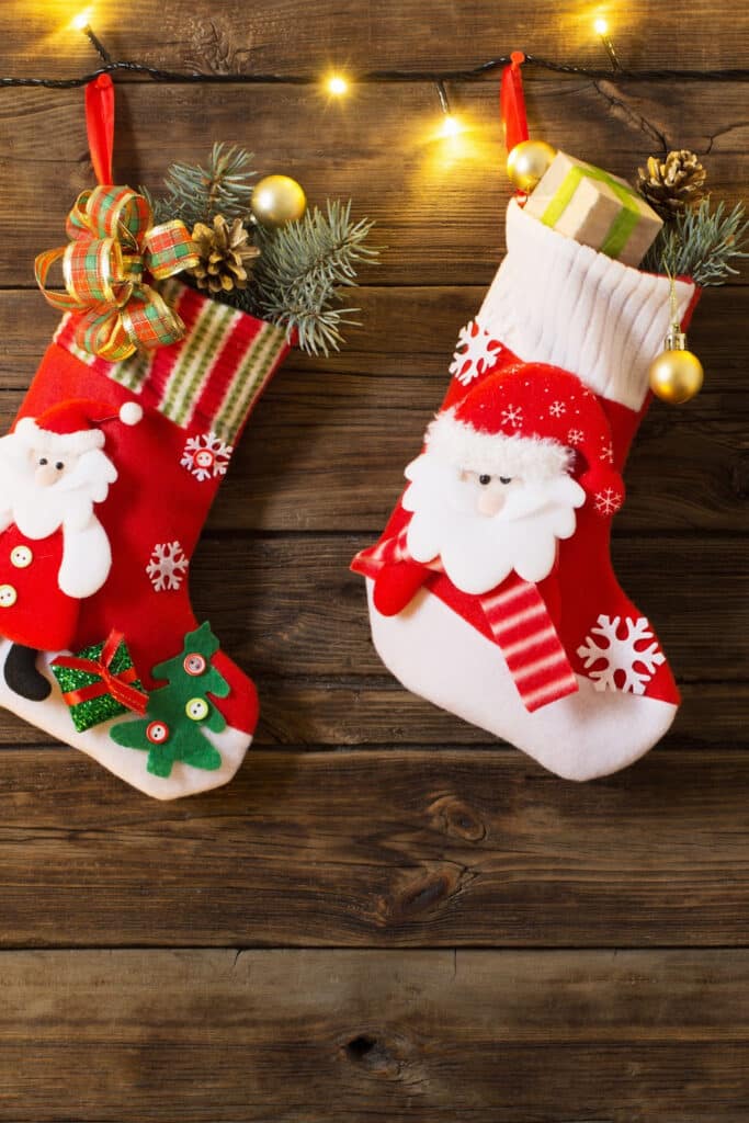Red Santa Stockings filled with stocking stuffers