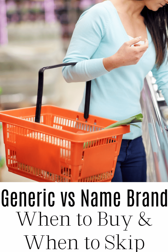 Generic vs name brand text over lay - woman with shopping basket in hand at store