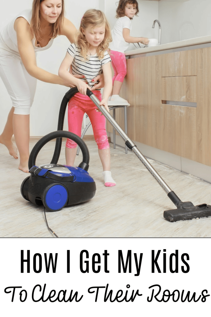 How I get my kids to clean their rooms - pictured little girl vacuuming with mom