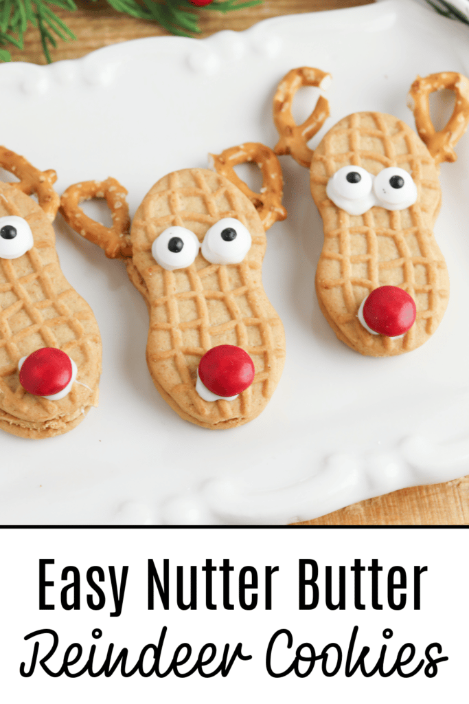 easy nutter butter reindeer cookies recipes - pictured 3 reindeer no-bake cookies on holiday plate