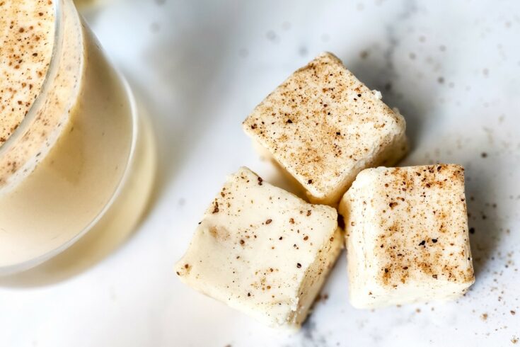 white chocolate eggnog on marble counter top